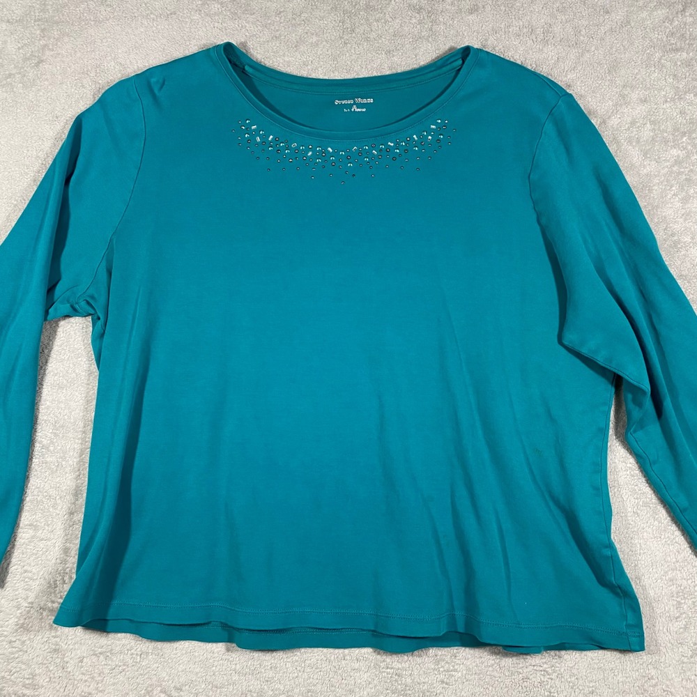 Studio Works Embellished Top Women XL Teal Blue Long Sleeve Rhinestone Cotton - Picture 2 of 14